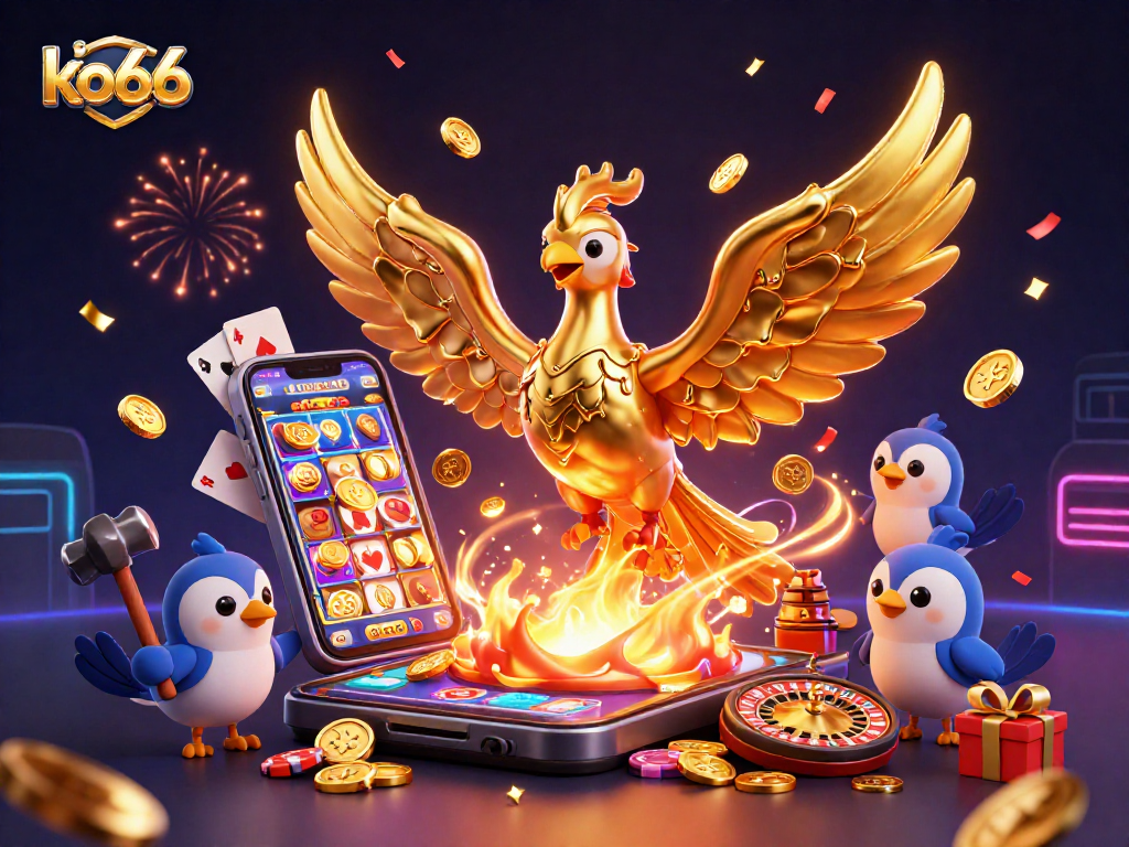 Experience the thrill of ko66 with golden phoenix and exciting casino elements in a dynamic scene.