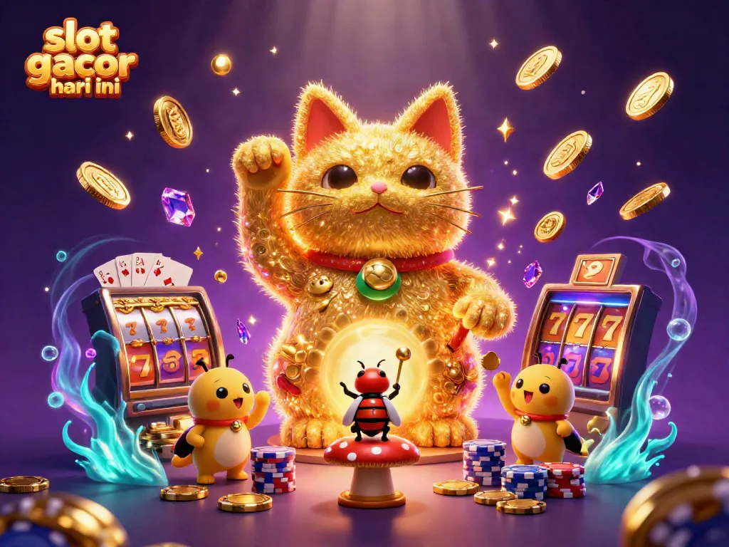 Experience the excitement of slot gacor hari ini with golden fireflies forming a lucky cat amidst a vibrant casino scene.