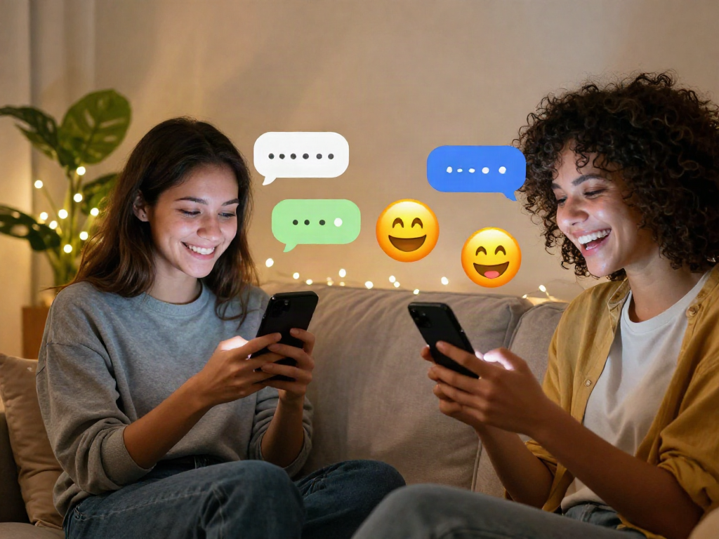 Couple enjoying playful sexting ai conversations on smartphones in a cozy living room.