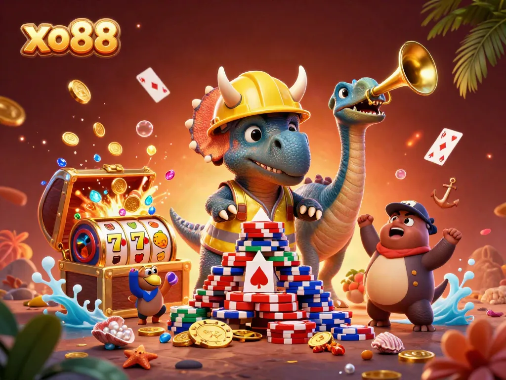 Bet on exciting games with XO88 featuring casino elements like poker chips and slot reels.