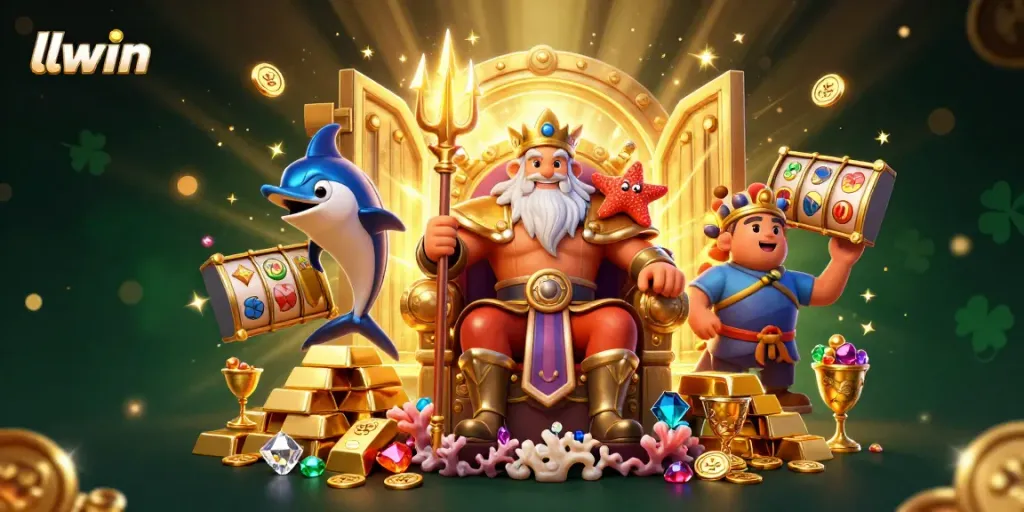 Engage with llwin's vibrant casino world, showcasing Neptune and his treasures amidst slot reels.