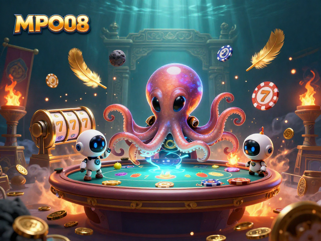MPO08 players spinning slot reels with an alien octopus and a tiny robot at a poker table.
