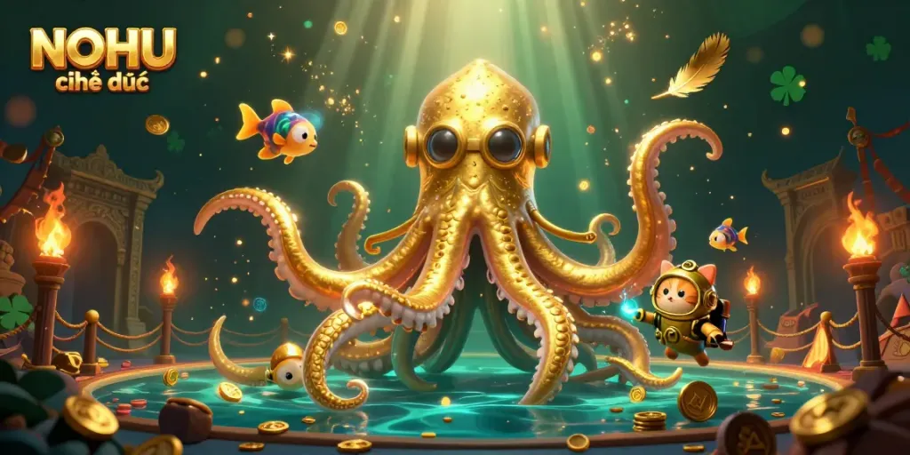 Engage in thrilling adventures with NOHU chính thức featuring a kraken and cat character in a vibrant casino setting.