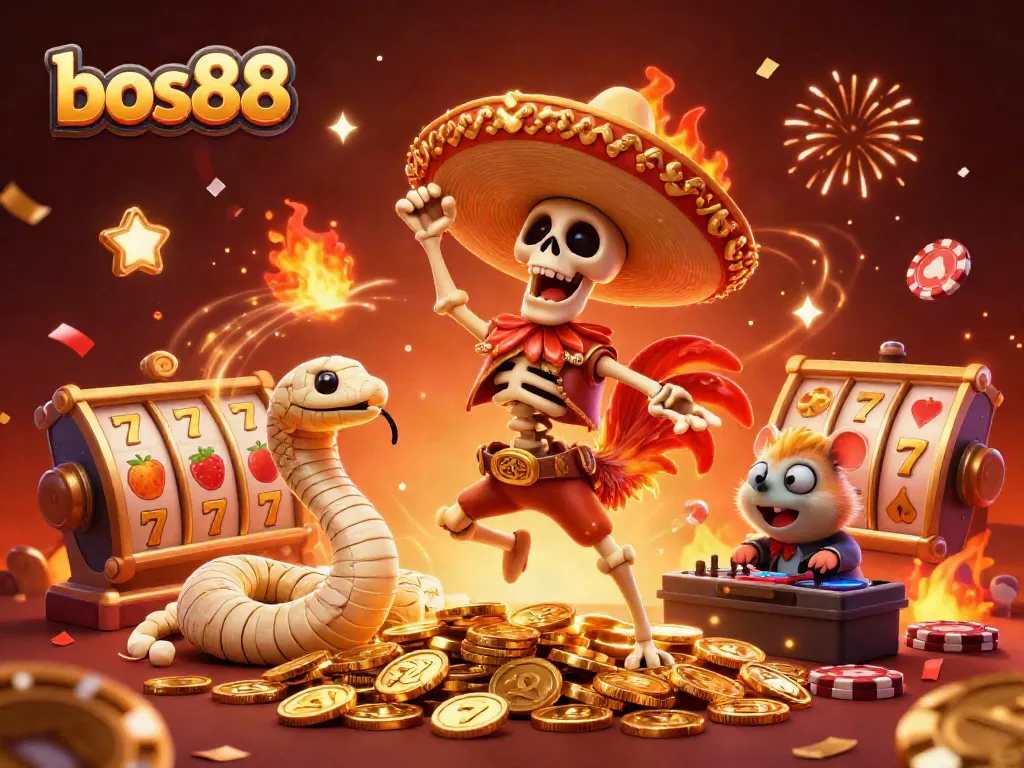 Experience thrilling wins with bos88, featuring a vibrant 3D casino scene of characters and gambling elements.