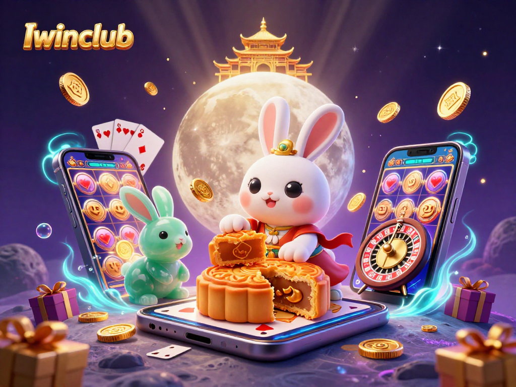 Iwinclub showcases a lively moon rabbit and jade companion in a vibrant 3D casino scene.