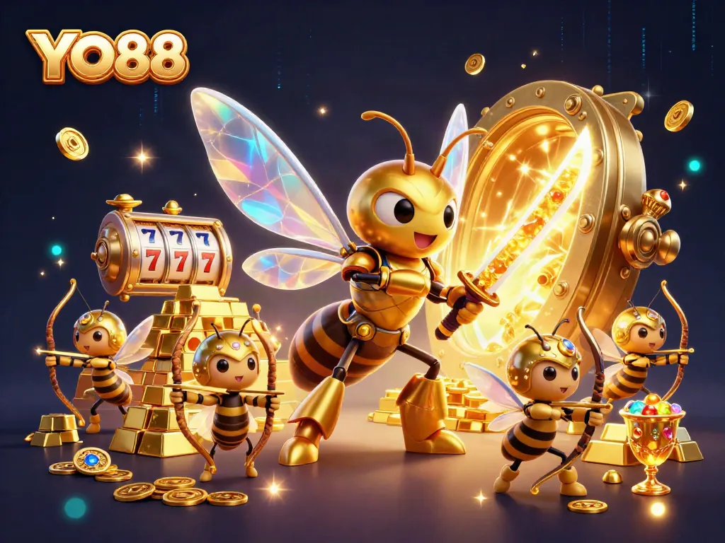 YO88 showcases an exciting casino adventure with a giant golden hornet and vibrant slot machines.