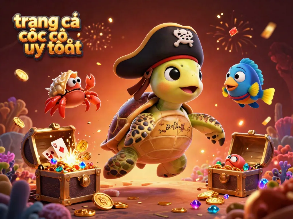 Engaging 3D scene showcasing trang cá cược uy tín with cartoon characters in a treasure-filled underwater environment.