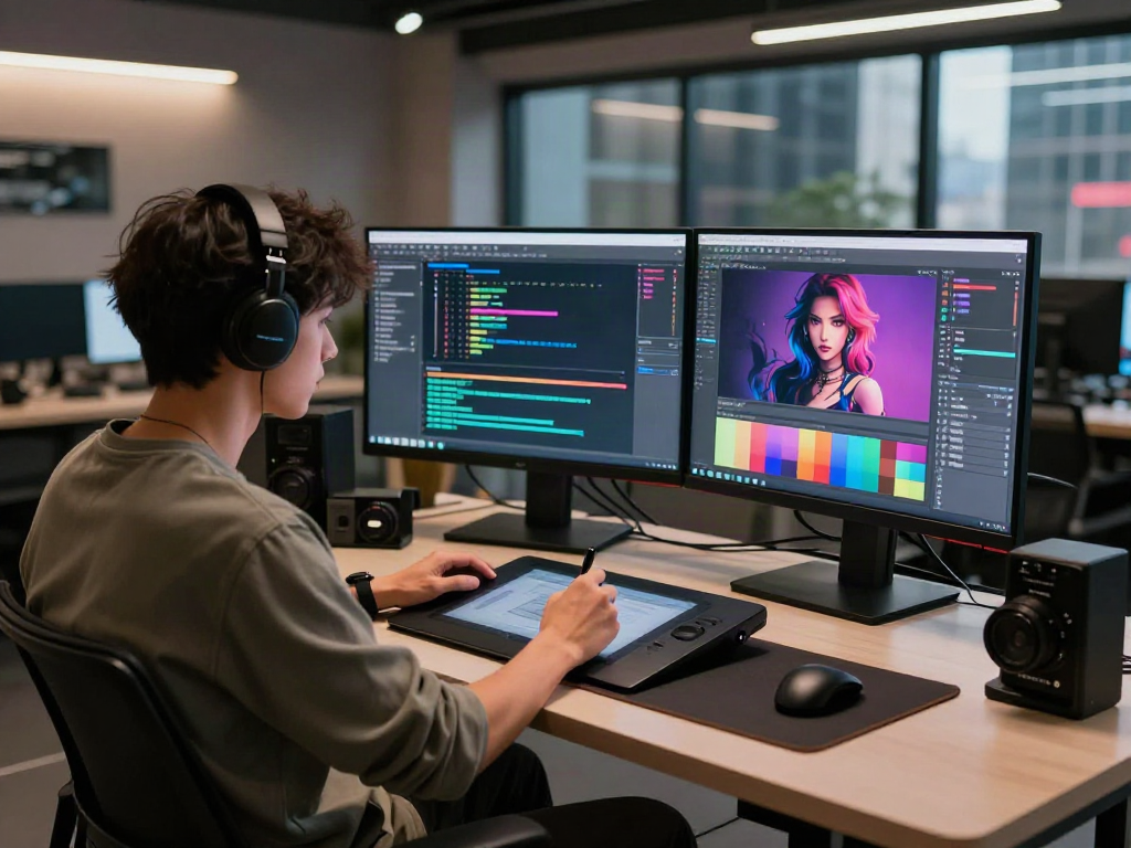 AI porn generator creating digital art in a modern studio with vibrant tech elements.