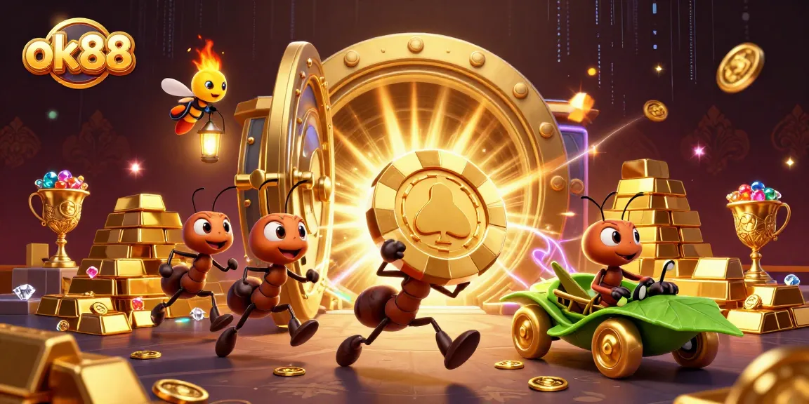 ok88 team of animated ants stealing a massive poker chip, surrounded by riches in a vibrant scene