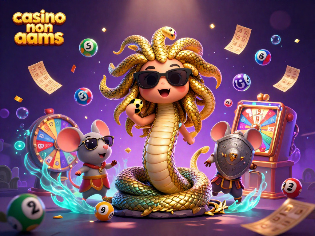 Illustrazione 3D di Medusa e un topo guerriero in un casino non AAMS, divertente e vibrante.