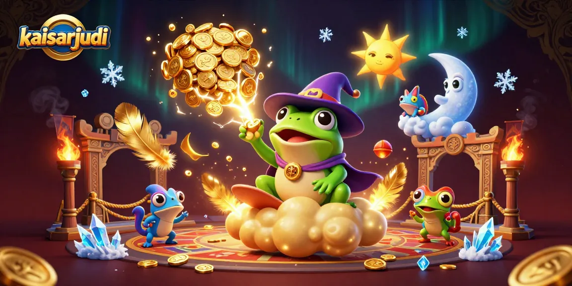 Kaisarjudi illustration of a wizard frog creating coin storms, enhancing online gaming excitement