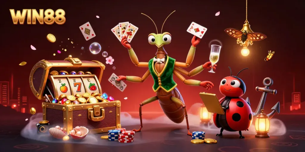 WIN88 themed casino scene with a giant mantis card sharp and ladybug pit boss in action.