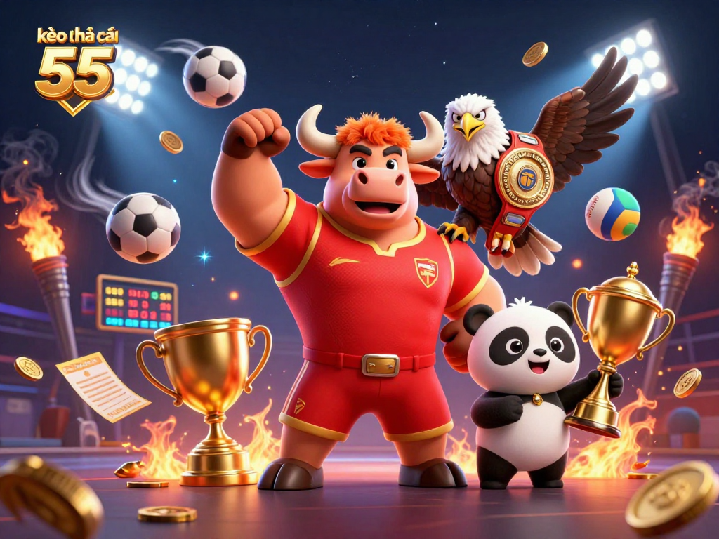 The lively scene showcases kèo nhà cái 55 with a bull mascot, eagle, and panda celebrating with sports balls and trophies.