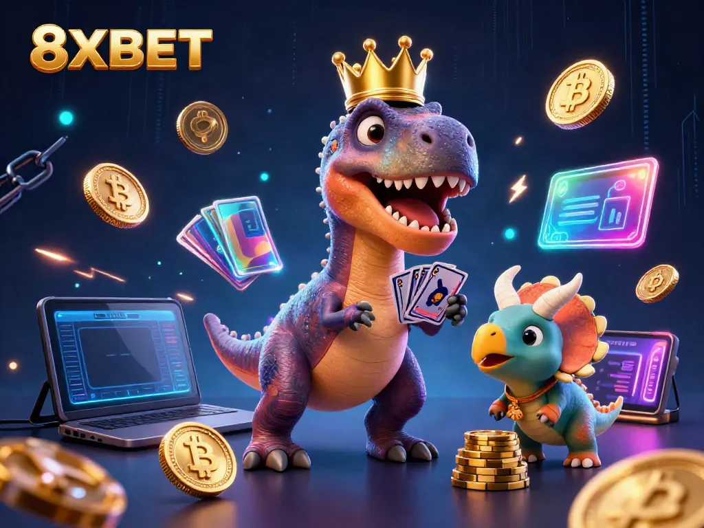 Experience the thrill of 8XBET with a whimsical illustration of a T-Rex playing cards and a triceratops stacking chips in a vibrant casino scene.