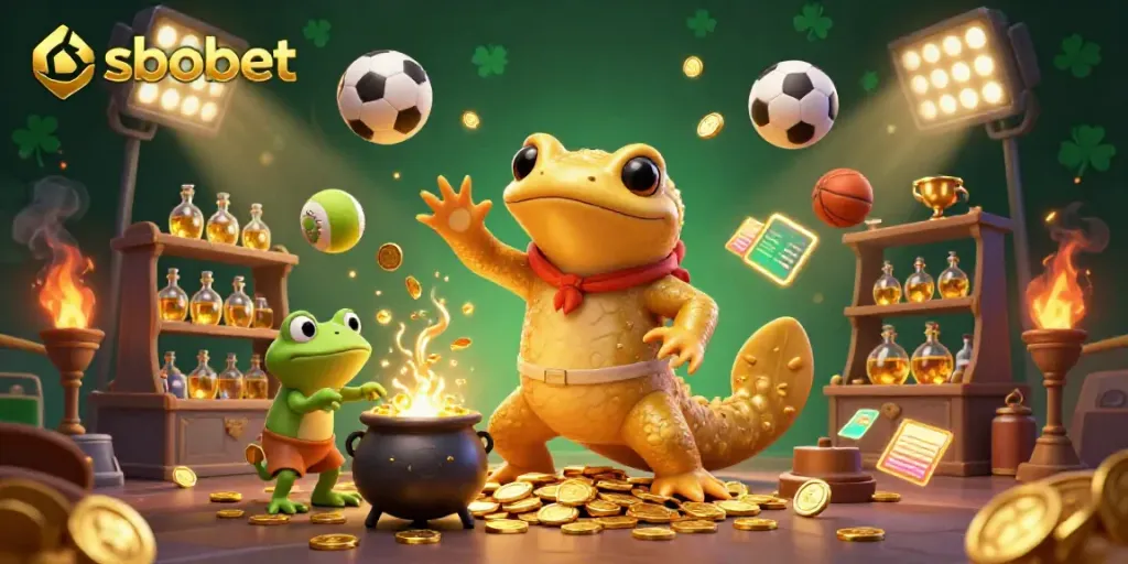 SBOBET bets come alive with golden coins and dynamic sports imagery in a magical laboratory scene.