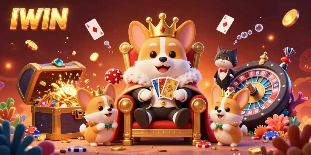 IWIN presents an engaging scene with a royal corgi on a poker chip throne, surrounded by casino elements.