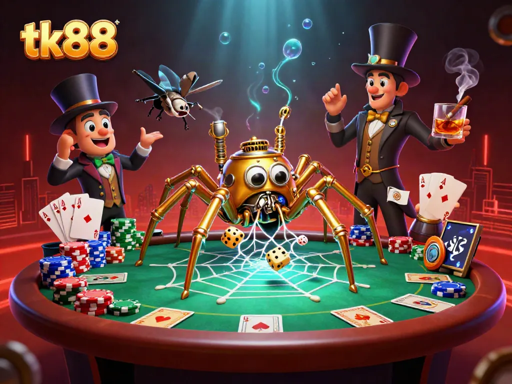 Experience the thrilling world of tk88, capturing luck with steampunk style and poker elements in a vibrant casino scene.