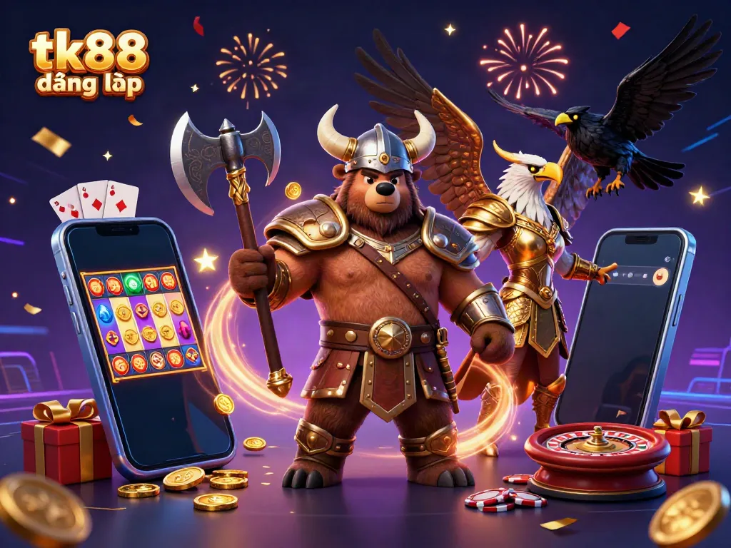 Experience the thrill of tk88 đăng nhập with vibrant characters and dynamic casino elements around them.