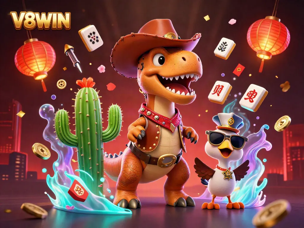 Engage with V8WIN's thrilling casino moment featuring dynamic characters and vibrant gaming elements.
