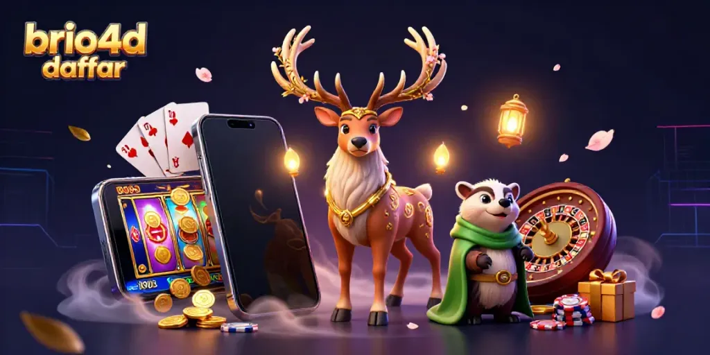 Engage with brio4d daftar in a vibrant 3D casino scene filled with slot games and fantasy elements.