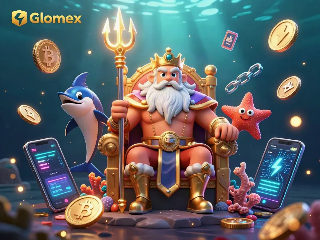 Engage in thrilling crypto gambling with Glomex's exciting gaming scene featuring Neptune and vibrant visuals.