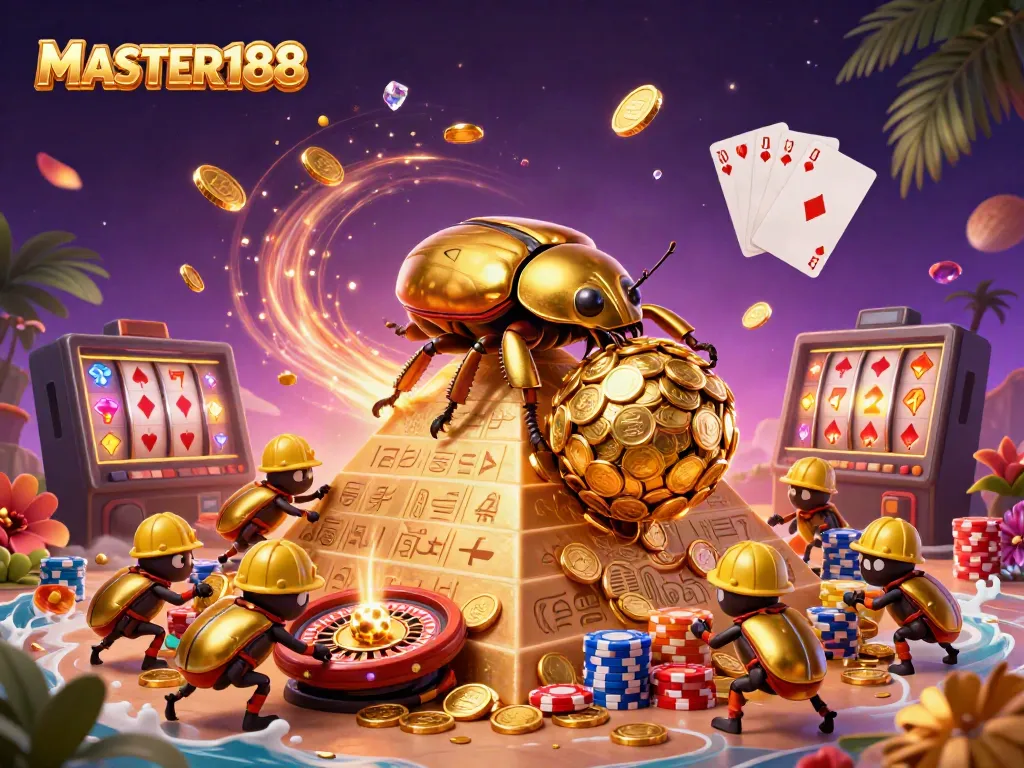 Experience the excitement of MASTER188 with a vibrant scene of golden treasures and gaming action.