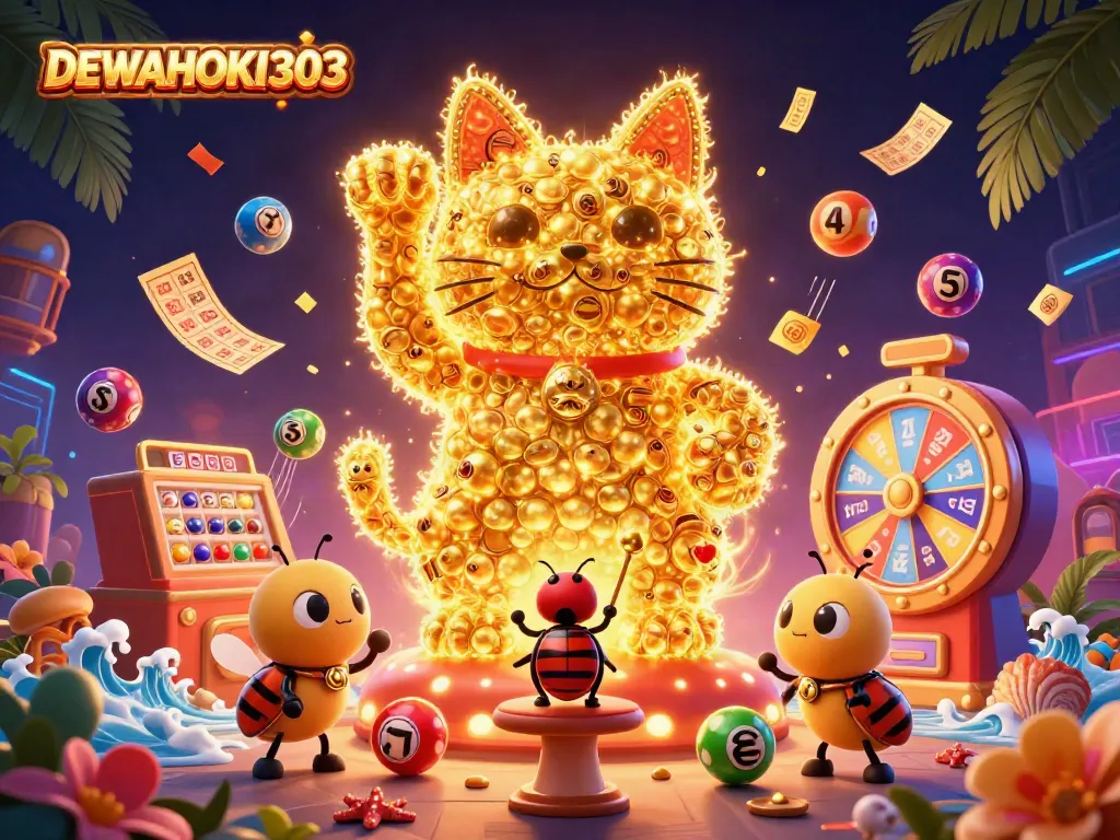 DEWAHOKI303 menawarkan keberuntungan dengan simbol kasino yang berkilauan dan bola lotere yang berwarna-warni.