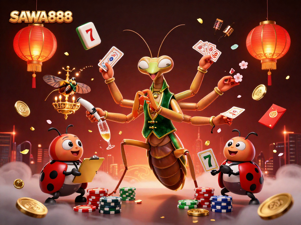 Experience SAWA888's dynamic gaming scene with vibrant characters and rich casino elements.