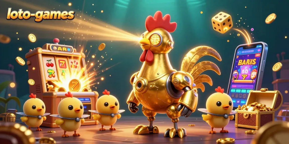 Loto-games showcases a golden robot and chick drones amidst a jackpot explosion of casino elements.