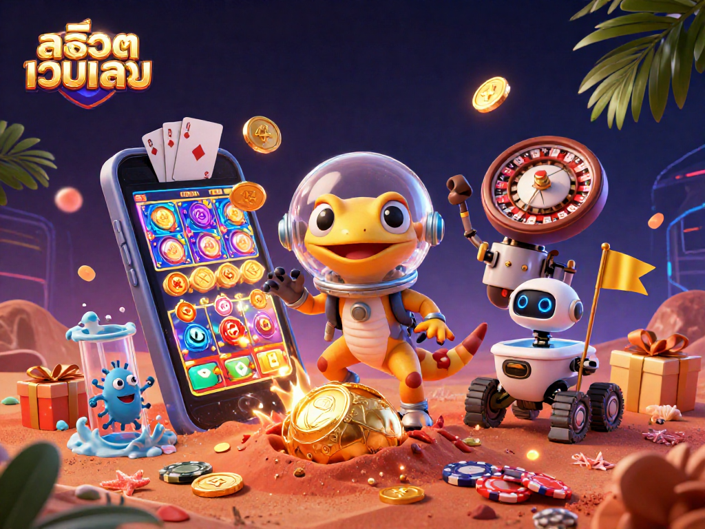 Engage in thrilling สล็อตเว็บตรง gameplay with Martian gecko discovering a golden casino amidst dynamic casino elements.