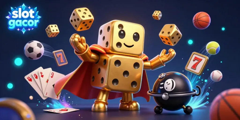 Experience slot gacor with our vibrant 3D illustration of a golden dice golem showcasing slots, sports, and casino elements.