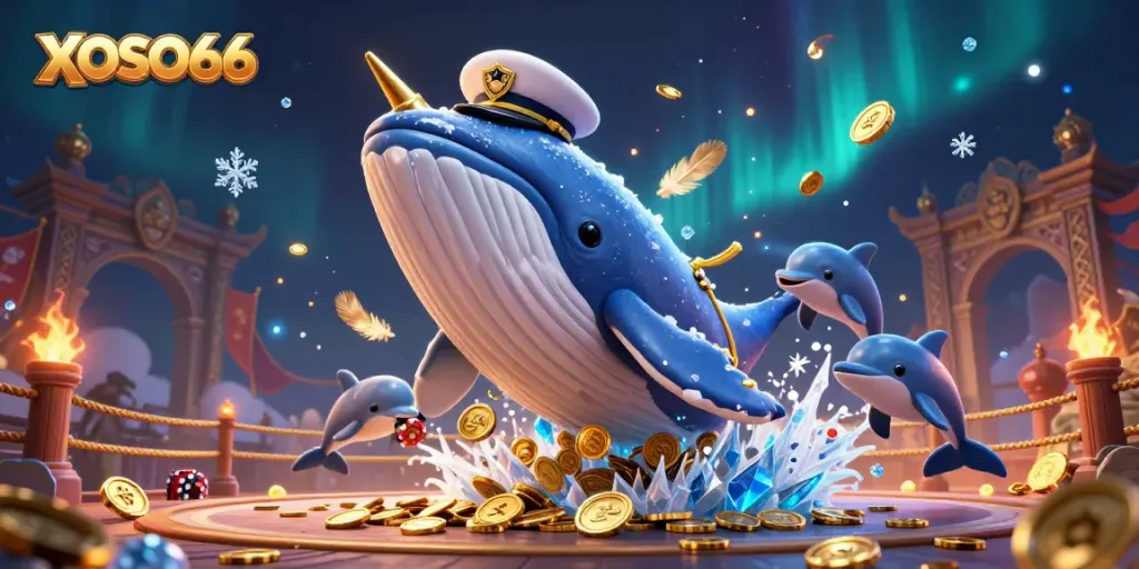 XOSO66 showcases a vibrant 3D scene with a whale, narwhal, and dolphins celebrating a win in a sea of coins.