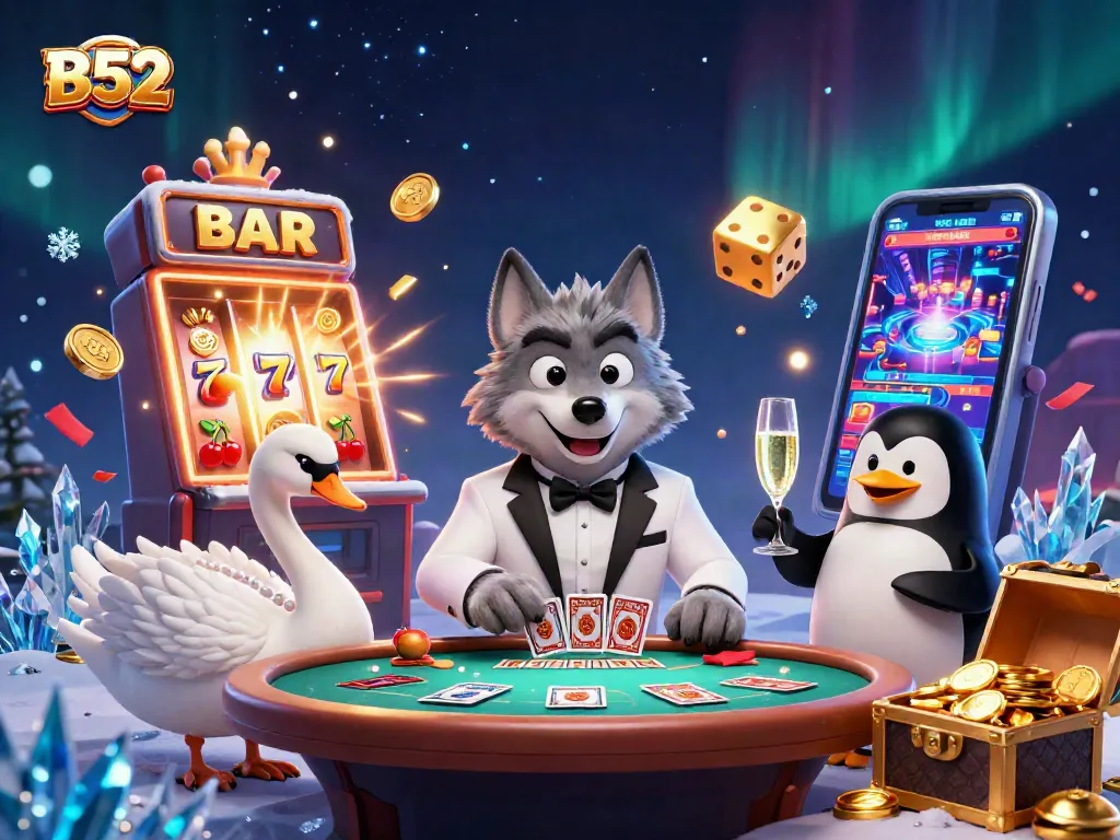 Play at B52 casino featuring a wolf, swan, and penguin in a vibrant gambling scene.
