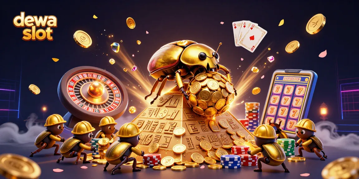 Engage with dewa slot games, featuring a rich 3D illustration of golden coins and vibrant casino elements.