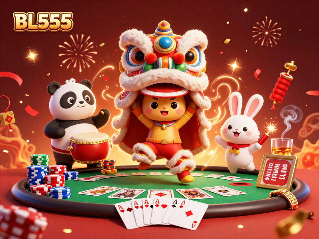 Experience BL555 with a lively 3D illustration of a festive casino scene featuring a lion dance and poker elements.