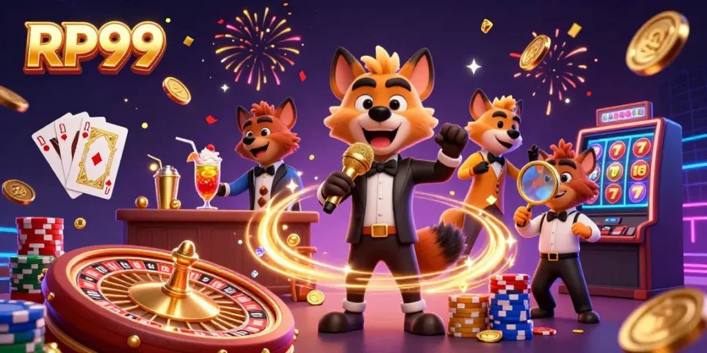 Join the RP99 hyenas in a vibrant casino scene filled with golden coins, sparkling gems, and lively entertainment.