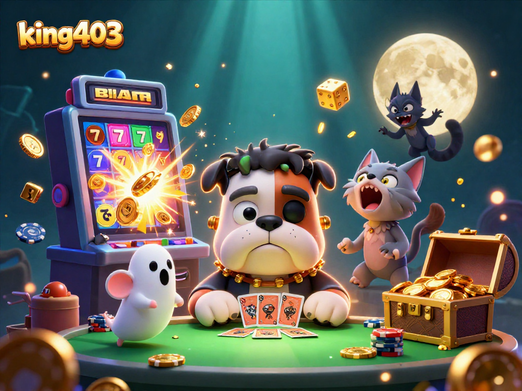 Experience the thrill of casino games with king403's animated scene featuring a Frankenstein bulldog dealer.