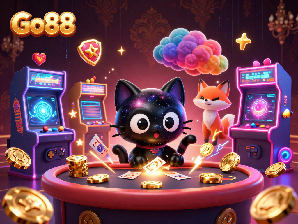 Experience the excitement at Go88's cosmic casino, where a black hole cat draws in golden chips.