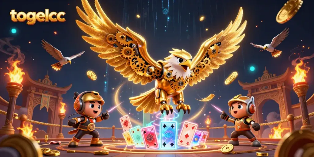 Experience excitement with togelcc's cybernetic eagle soaring amid holographic cards and vibrant casino elements.
