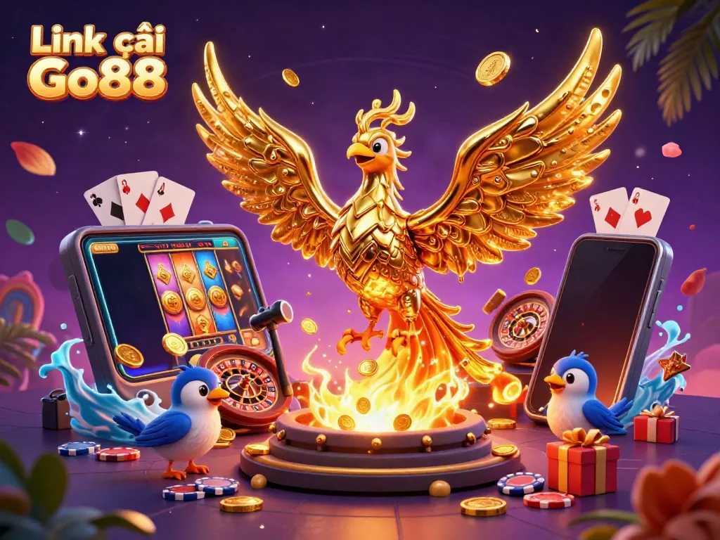 Experience the thrill of playing slots with Link vào Go88, featuring vibrant game elements and an enchanting golden phoenix.