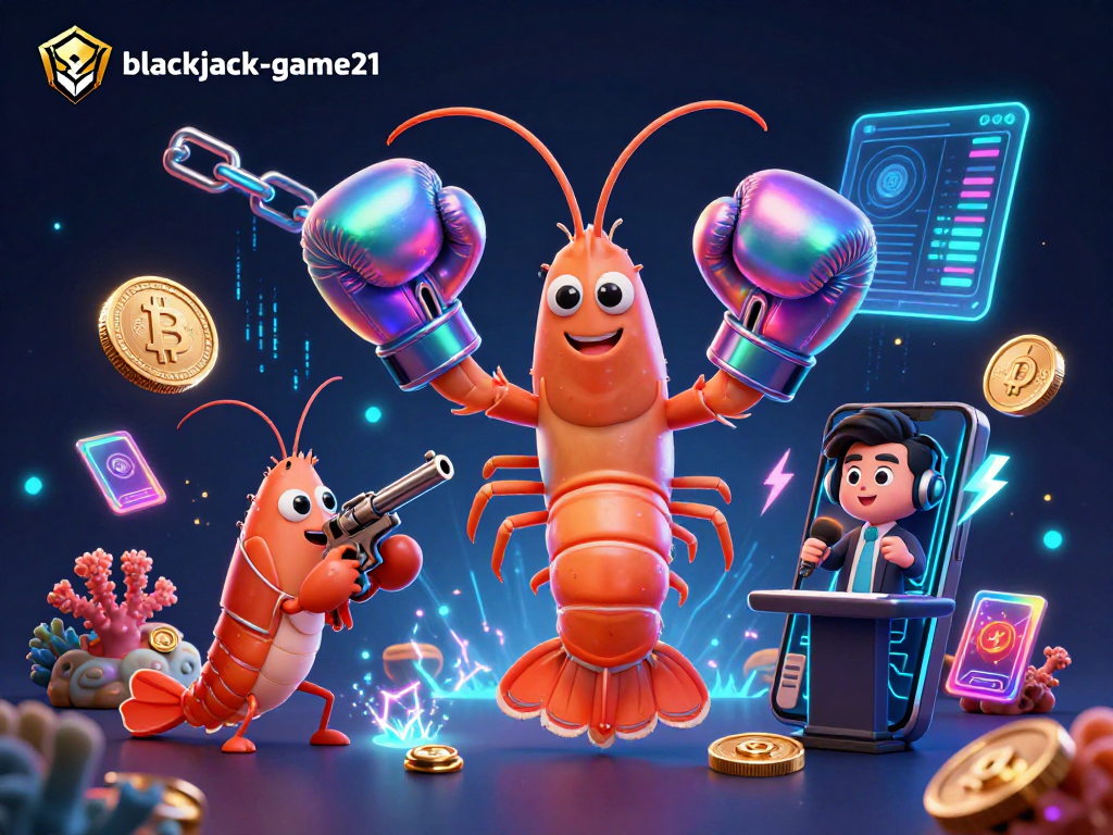 Experience blackjack-game21 excitement with 3D mantis shrimp boxing and crypto-themed elements.
