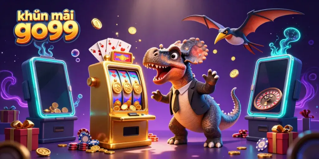 Experience exciting khuyến mãi go99 with 3D dinosaurs in a vibrant casino scene