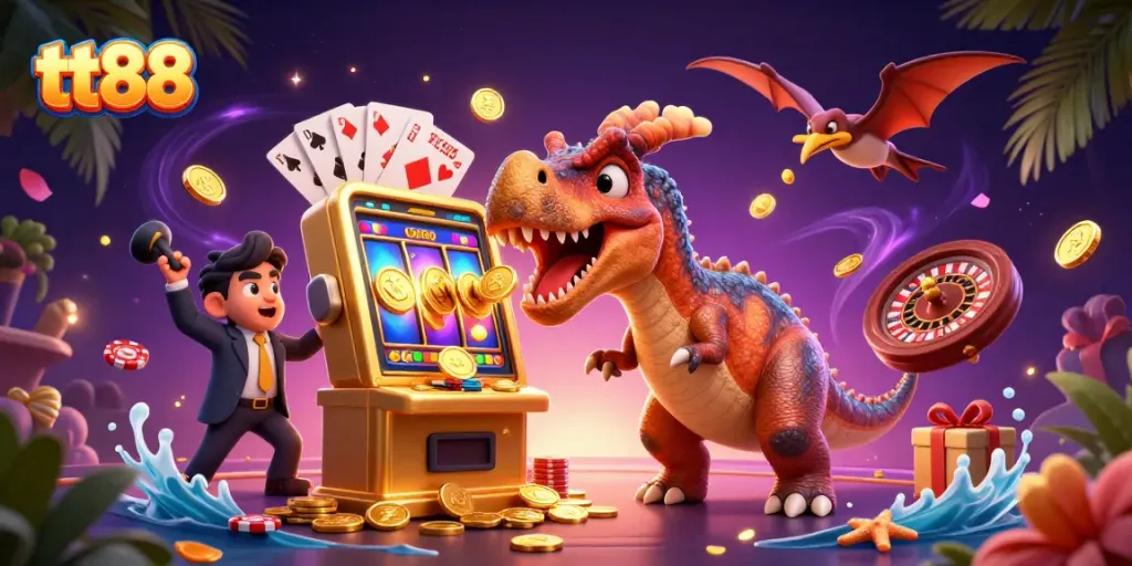 tt88 jackpot scene with cartoon dinosaurs, golden coins, and vibrant casino elements