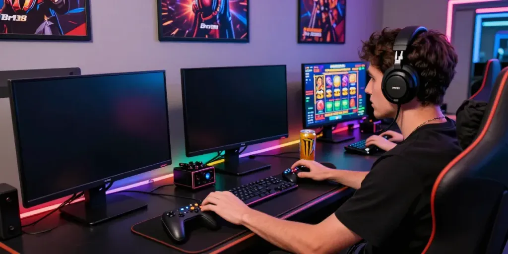 Bro138 gaming environment with a passionate player engaged in slot games on multiple screens, capturing the excitement of online gaming.