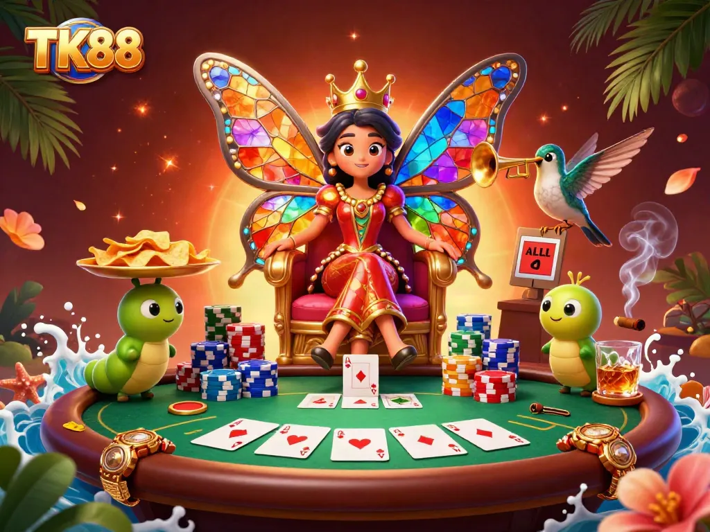 Bet big at TK88 casino with vibrant 3D illustration featuring a butterfly queen and poker elements.