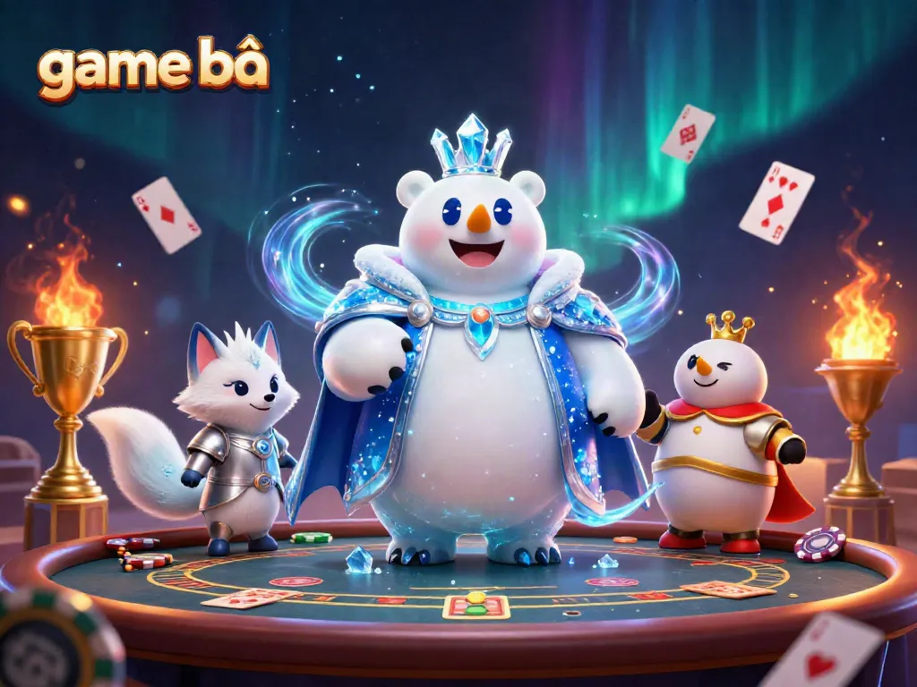 Experience the excitement of game bài with a vibrant scene featuring a polar bear king and a snow fox amidst casino elements.