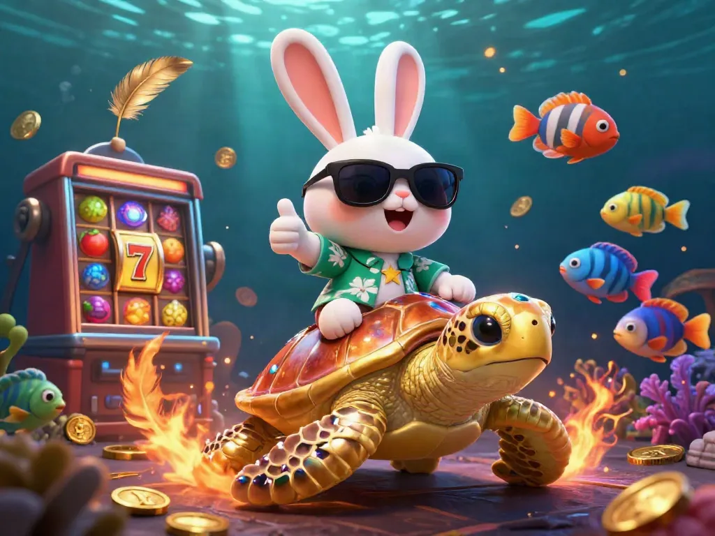 Permainan slot di situs coloksgp dengan kelinci beruntung mengendarai penyu emas yang dikelilingi ikan tropis.