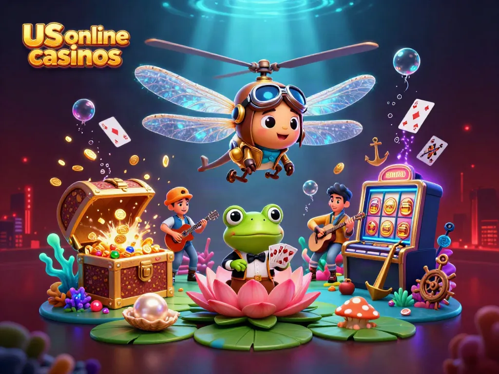 Experience vibrant us online casinos with a dragonfly pilot and frog croupier in a dynamic casino scene.