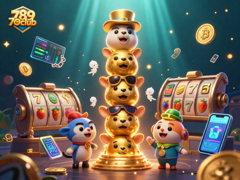 Experience the excitement of 789club as golden totem pets interact with slots and vibrant crypto elements