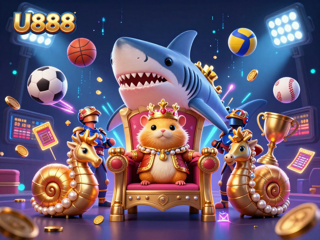 Experience thrilling sports betting action with U888's dynamic digital illustration featuring engaging characters and game elements.